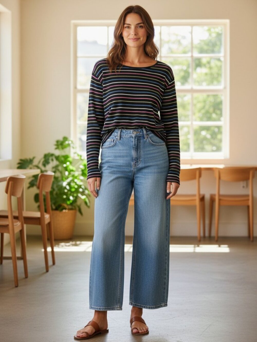 Talbots 100% Cotton Long Sleeve Tee -- Bayeux Stripe, Medium